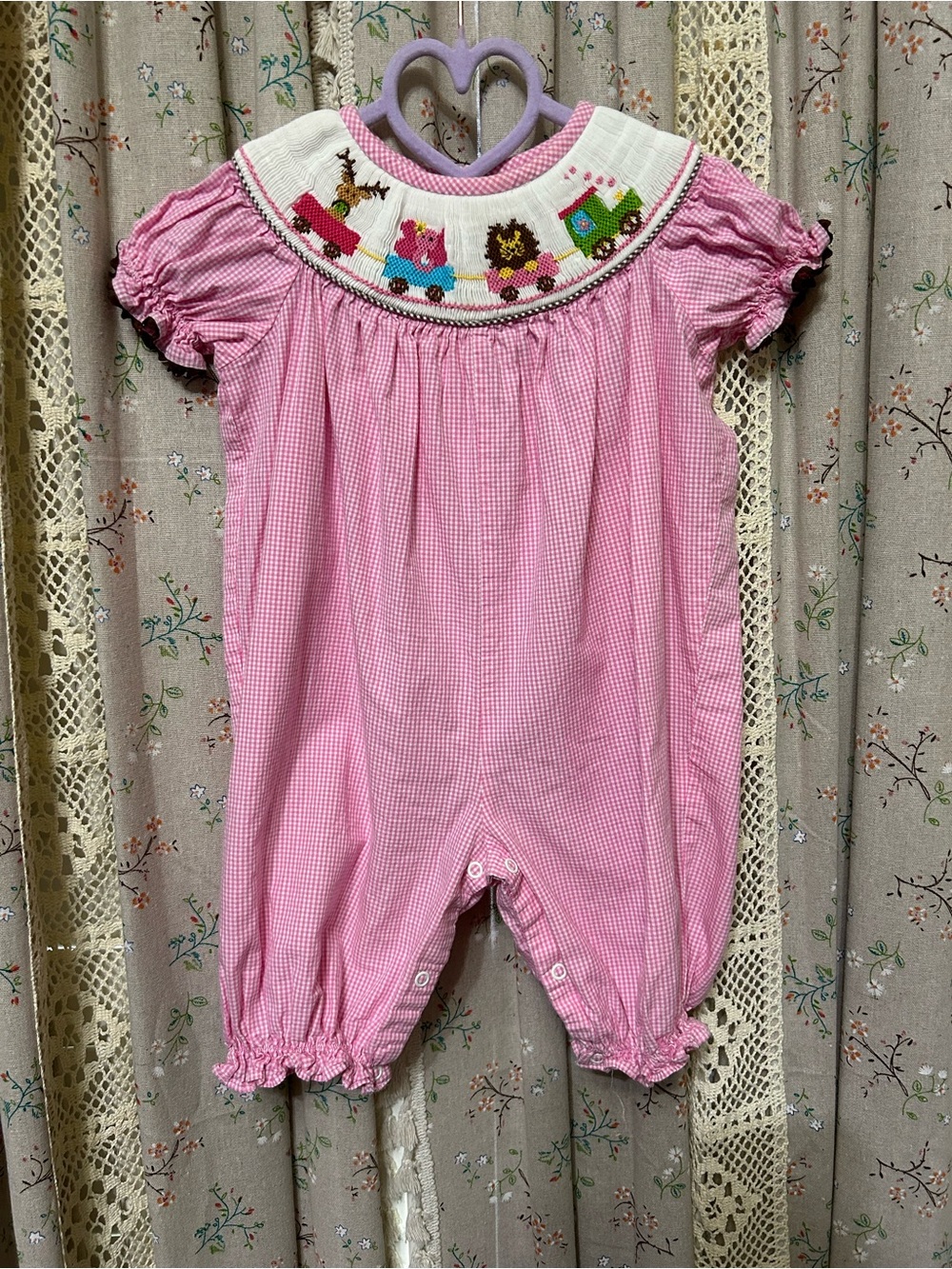 Zucchini‎ Baby Girl Pink Gingham Smocked Train Animal Shortall Romper 3M Cotton